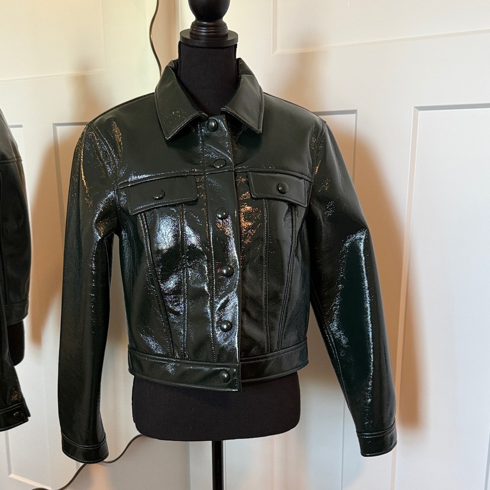 Proenza Schouler White Label Womens Shiny Faux Leather Jacket - Dark Green